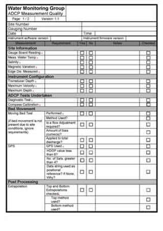 ADCP Measurement field sheet and quality matrix
